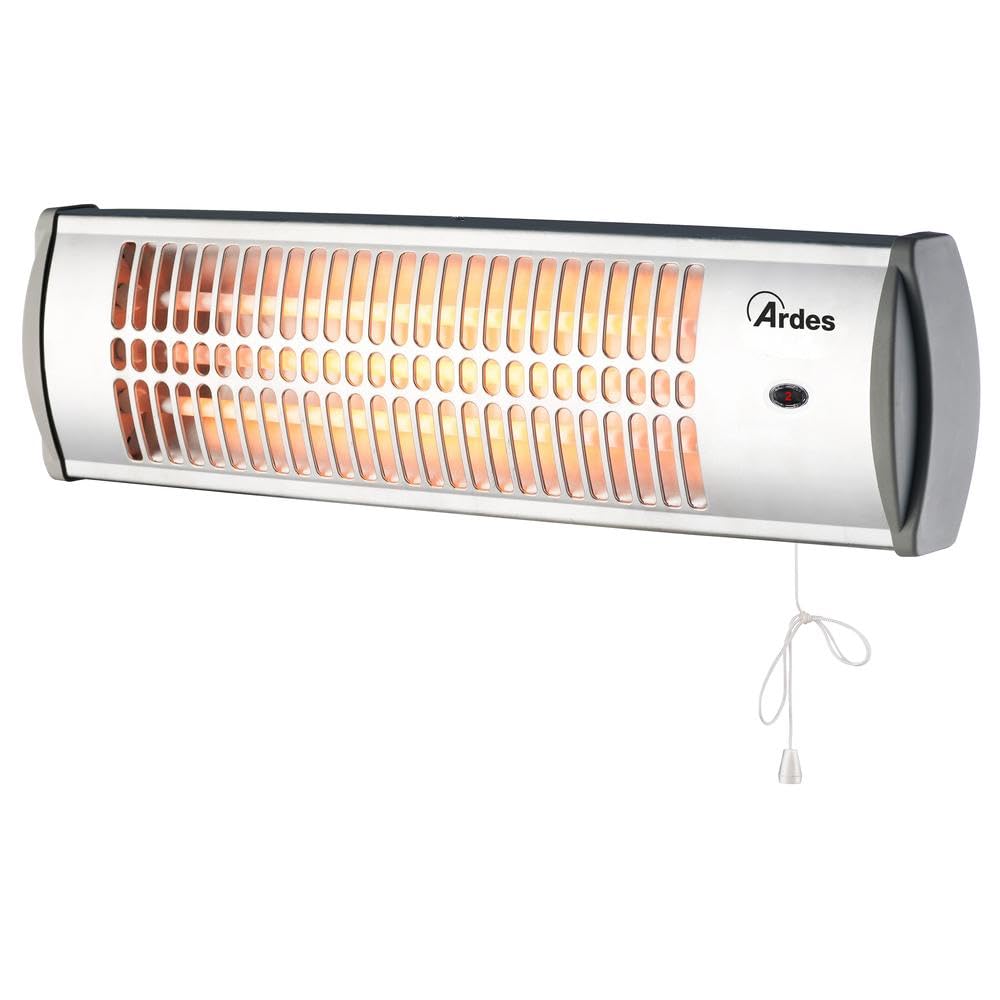 Radiateur mural à quartz argenté installé dans une salle de bain contemporaine aux tons clairs
