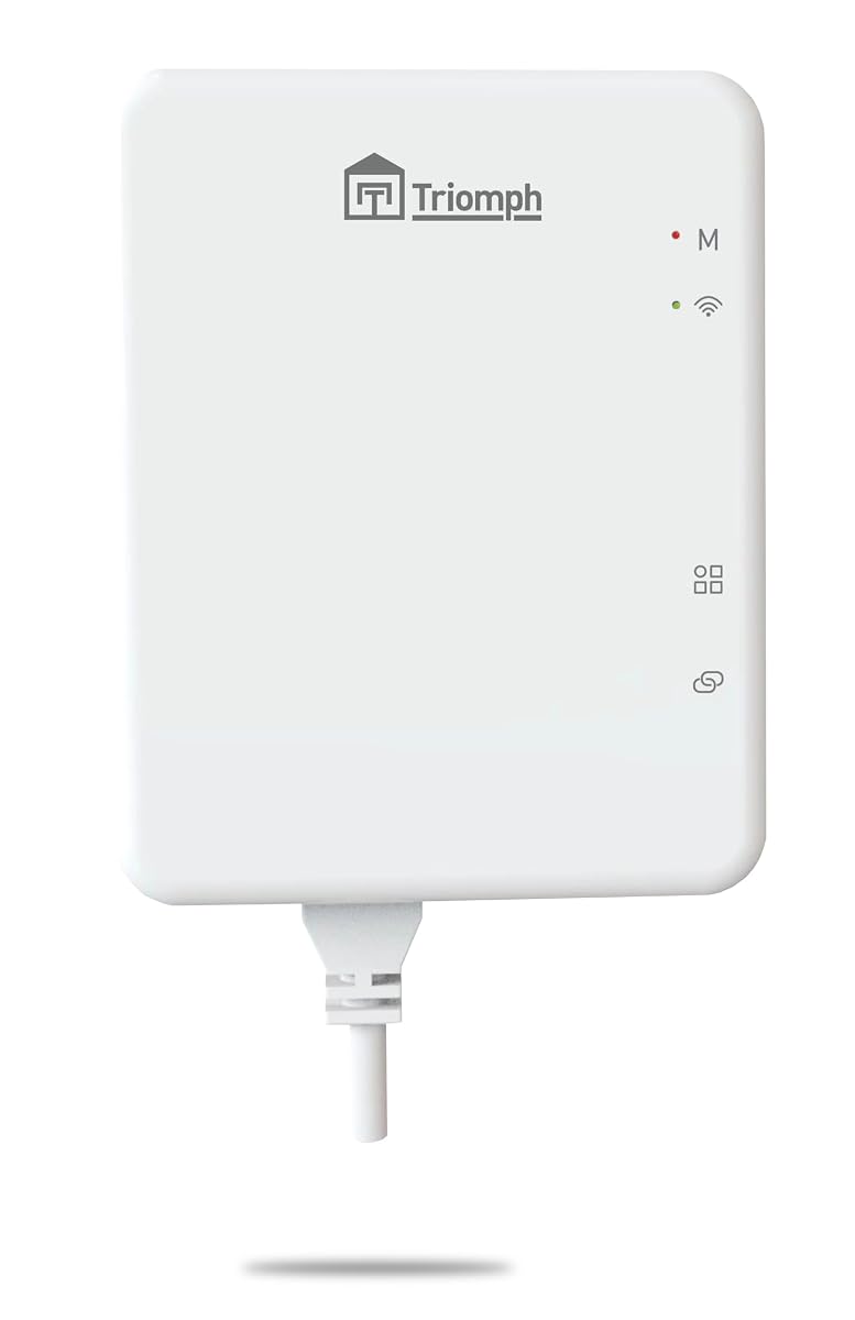 Thermostat mural Triomph blanc en plastique, présenté sur un mur clair de salle de bain contemporaine