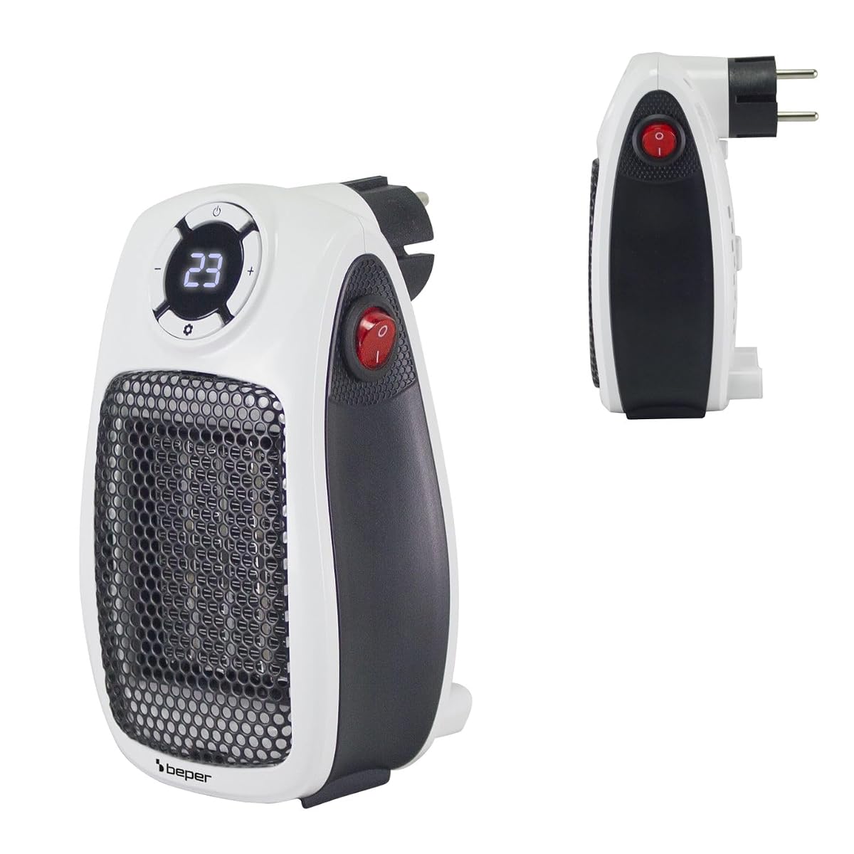 Mini radiateur soufflant céramique blanc Beper branché au mur dans une salle de bain lumineuse