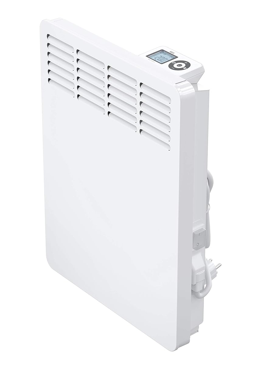Convecteur mural AEG blanc avec écran LCD installé dans une salle de bain contemporaine