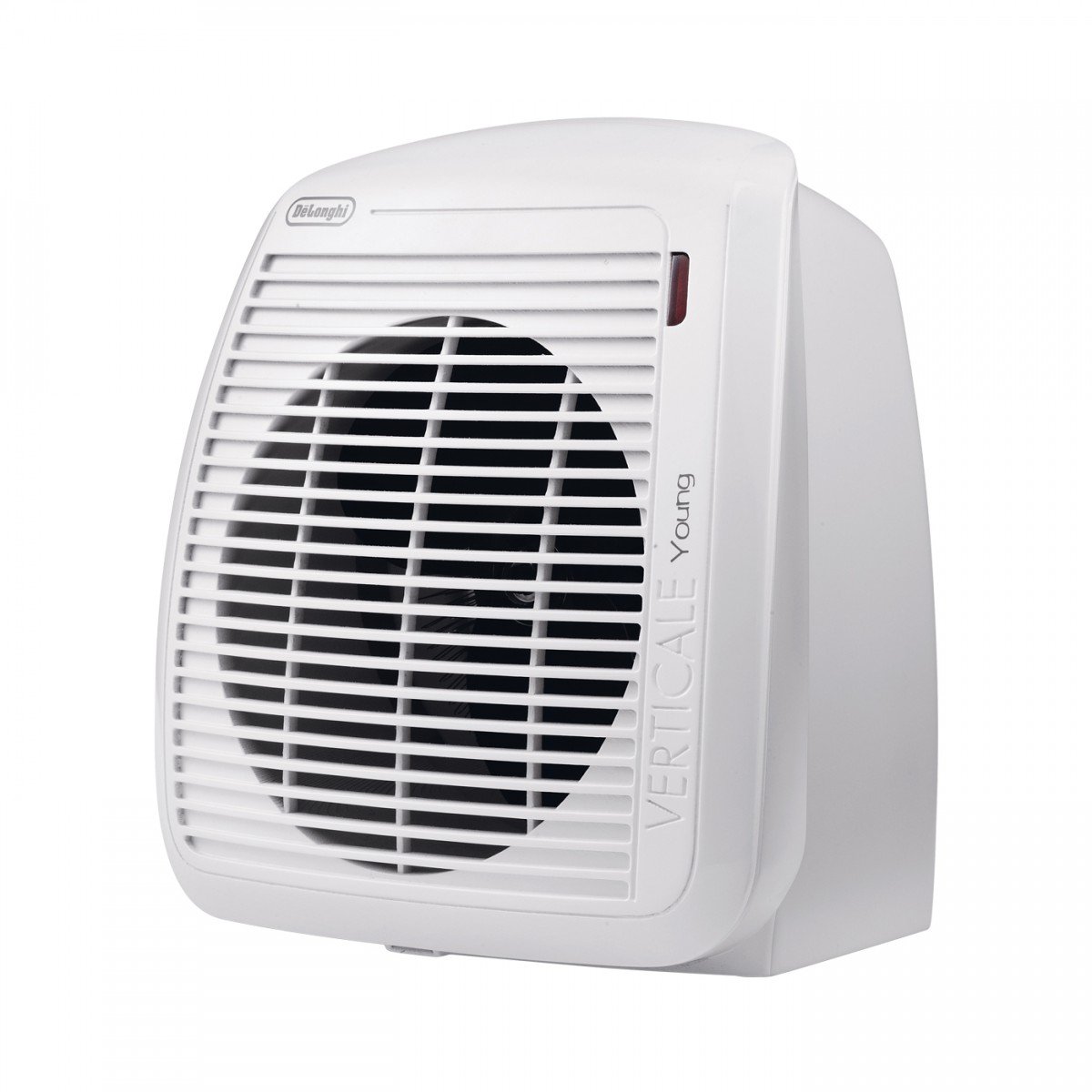 Radiateur soufflant De’Longhi HVY1020 blanc posé dans une salle de bain contemporaine claire
