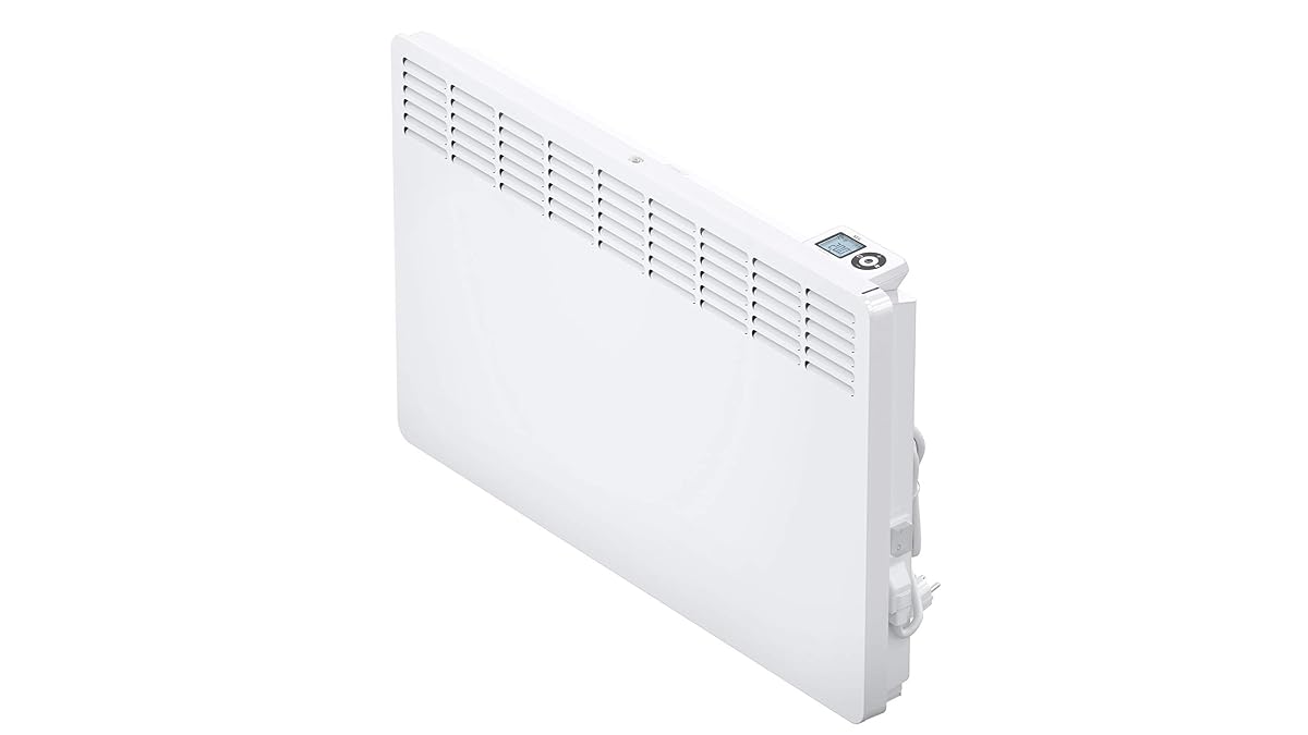 Convecteur mural AEG blanc à écran LCD fixé dans une salle de bain contemporaine lumineuse