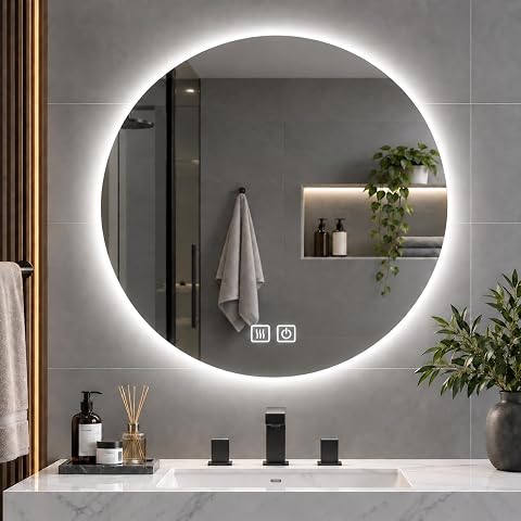 Miroir rond mural sans cadre avec éclairage LED, installé au-dessus d’un lavabo de salle de bain