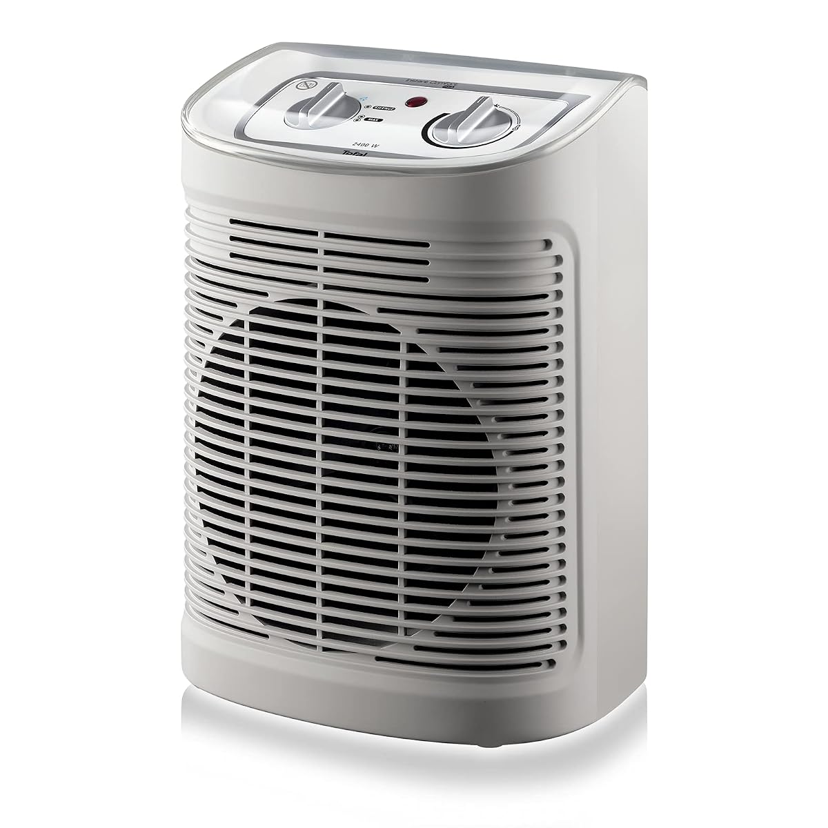 Radiateur soufflant mobile gris clair et blanc posé dans une salle de bain contemporaine lumineuse
