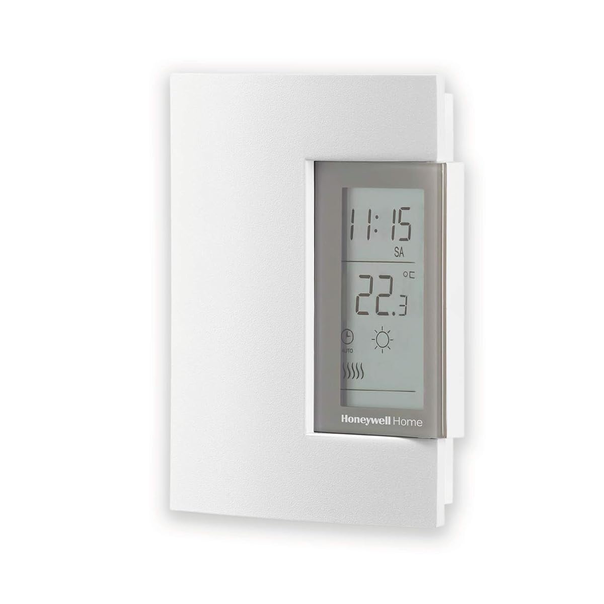 Thermostat programmable câblé blanc Honeywell T140 fixé sur un mur clair de salle de bain