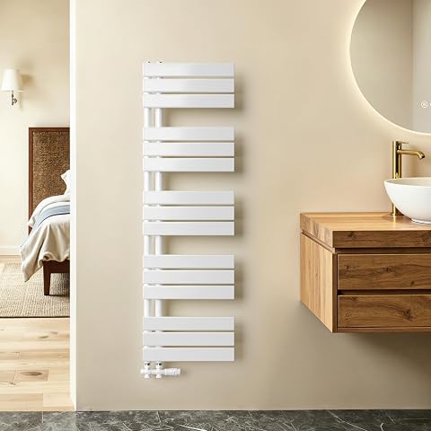 Sèche-serviettes mural blanc en acier installé dans une salle de bain contemporaine claire