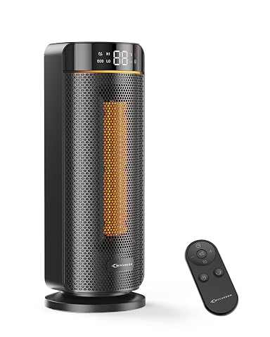 Chauffage soufflant céramique noir avec écran LED et télécommande dans une salle de bain claire