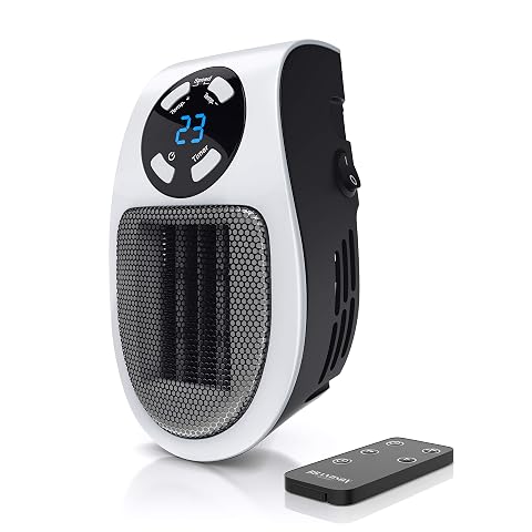 Mini radiateur soufflant céramique Brandson branché au mur dans une salle de bain claire