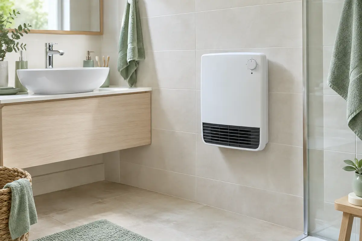 Convecteur électrique fixé au mur d’une salle de bain claire