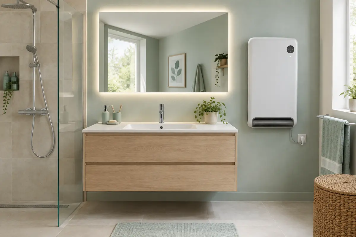 Miroir chauffant mural installé au-dessus d’un meuble vasque de salle de bain