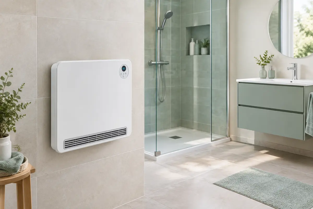 Radiateur électrique mural fixé sur un mur carrelé de salle de bain