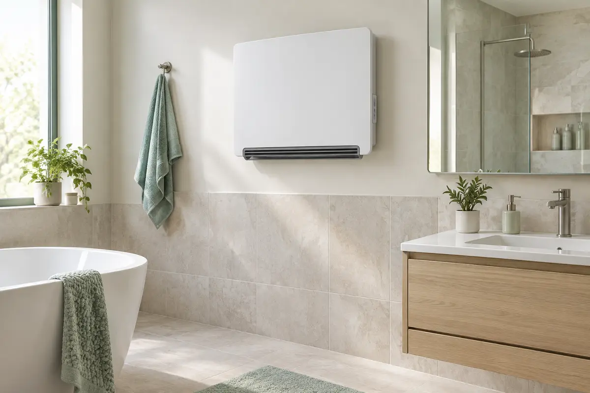 Radiateur infrarouge mural fixé sur un mur carrelé de salle de bain