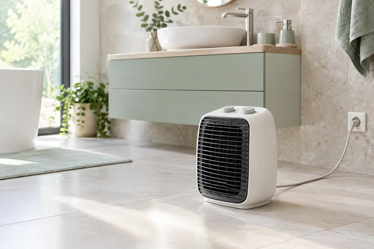 Chauffage soufflant mobile posé sur le carrelage d’une salle de bain