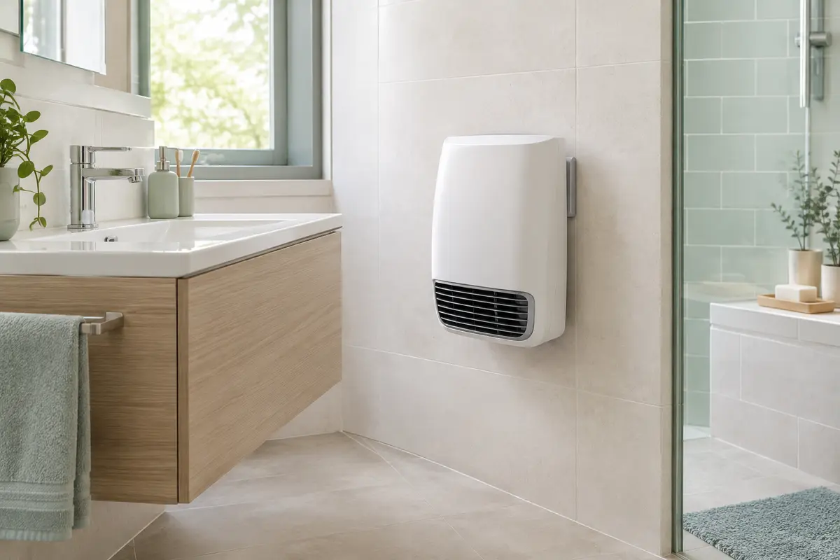Radiateur soufflant mural installé dans une salle de bain carrelée claire