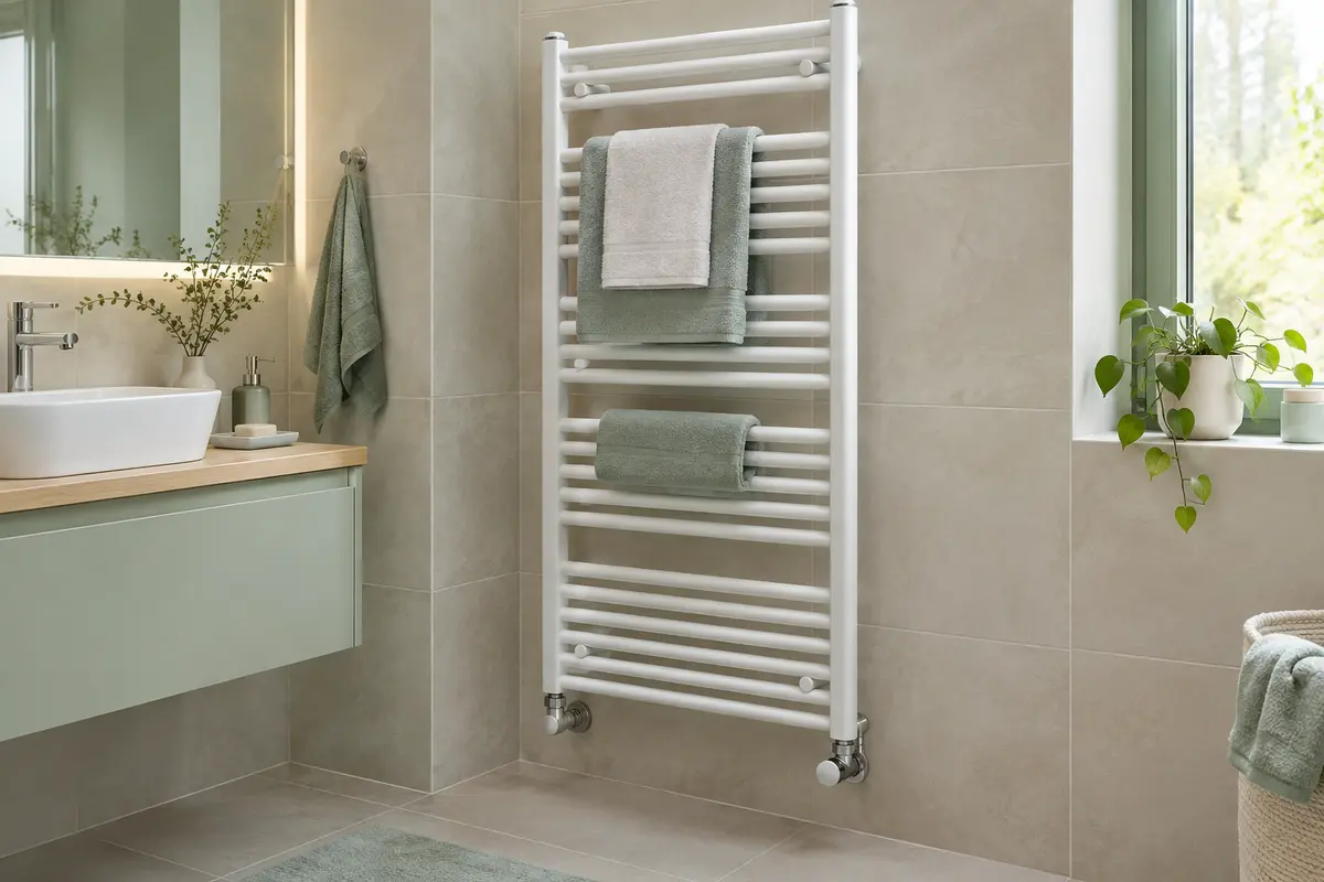 Sèche-serviettes à eau mural avec des serviettes dans une salle de bain