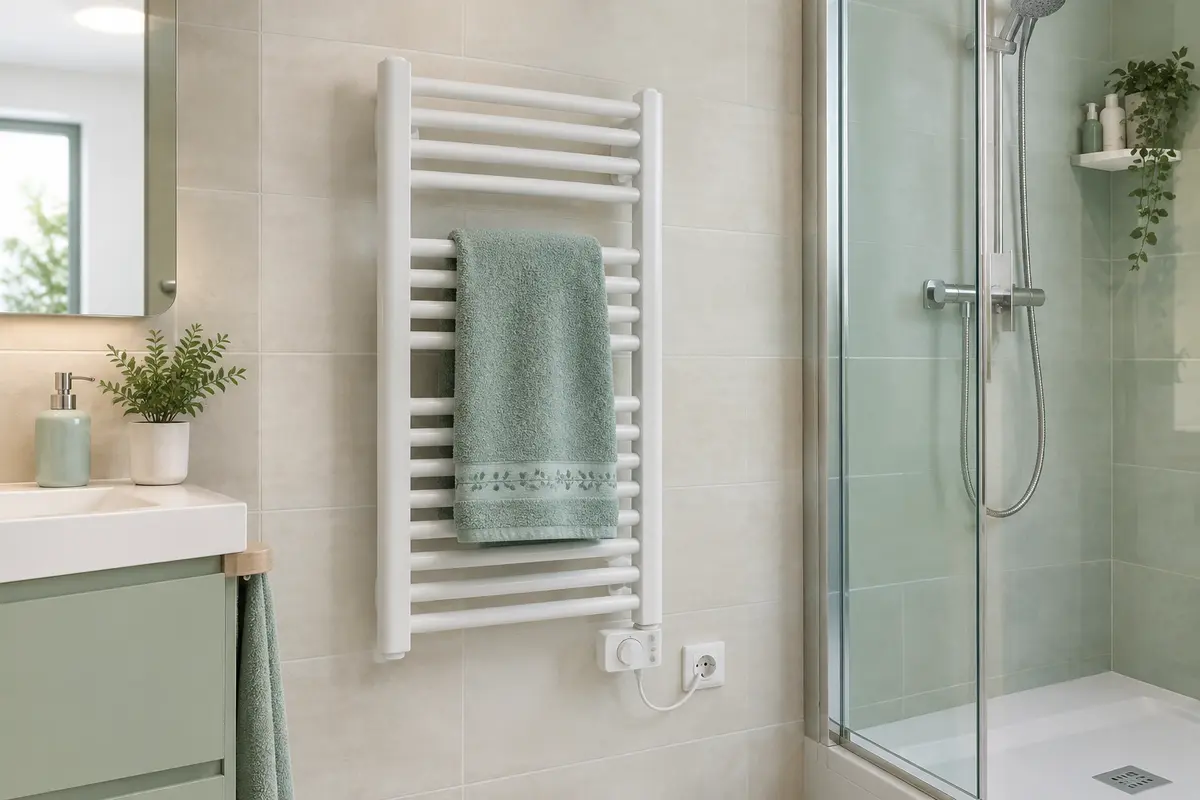 Sèche-serviettes électrique mural avec une serviette dans une salle de bain