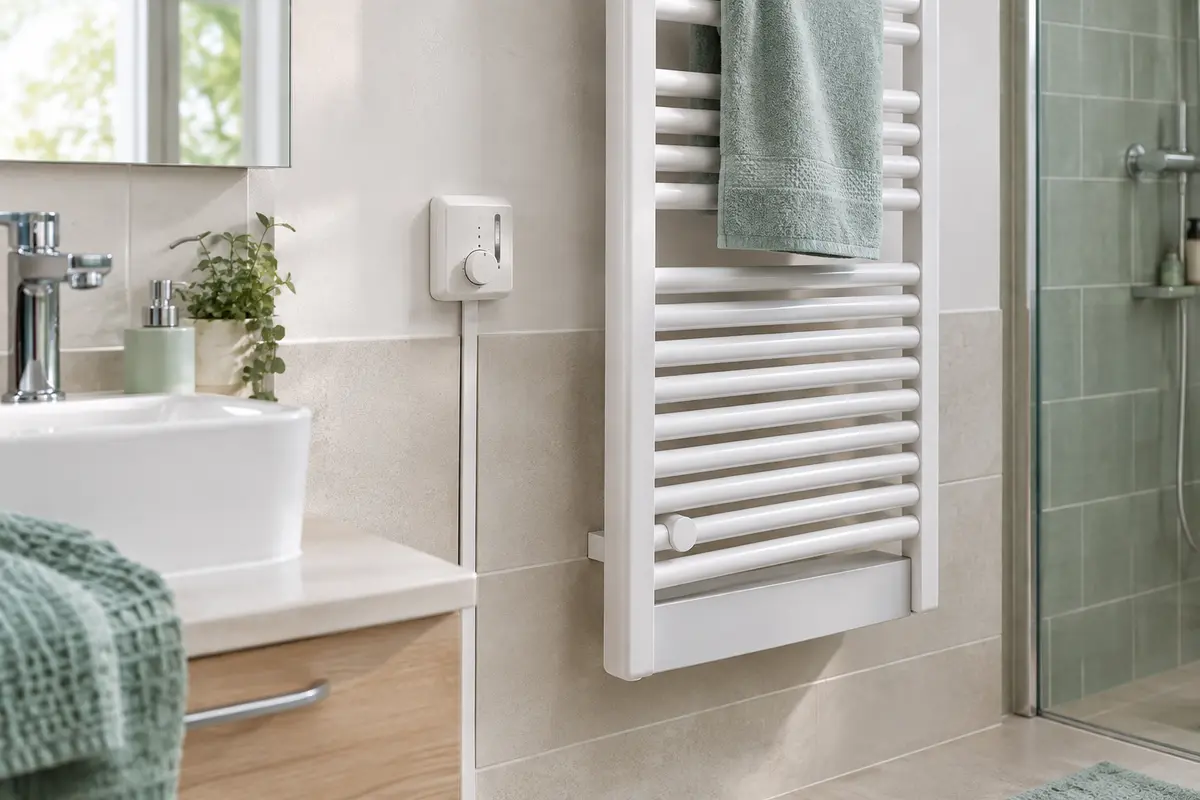 Commande fil pilote fixée au mur près d’un radiateur électrique