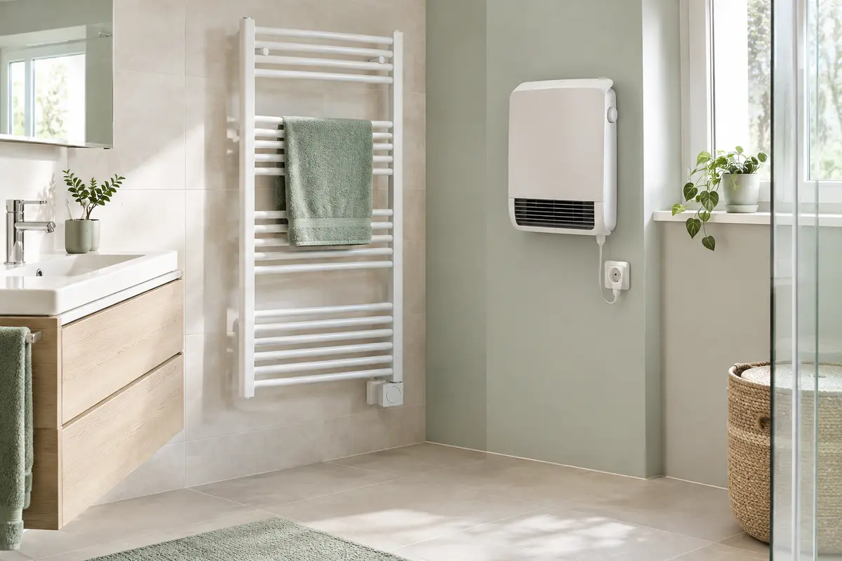 Sèche-serviettes et radiateur mural installés dans une salle de bain claire, avec leurs rôles distincts.