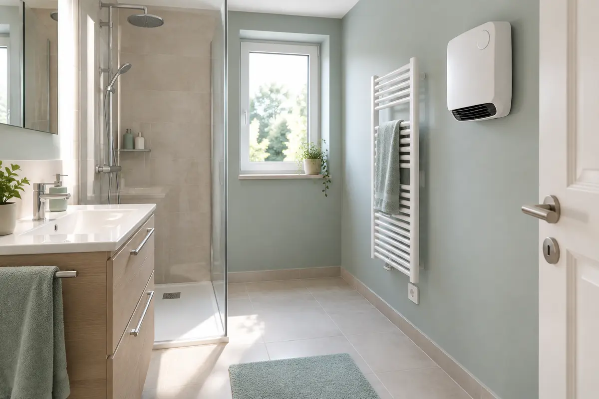 Radiateur soufflant mural installé sur un mur libre dans une salle de bain carrelée