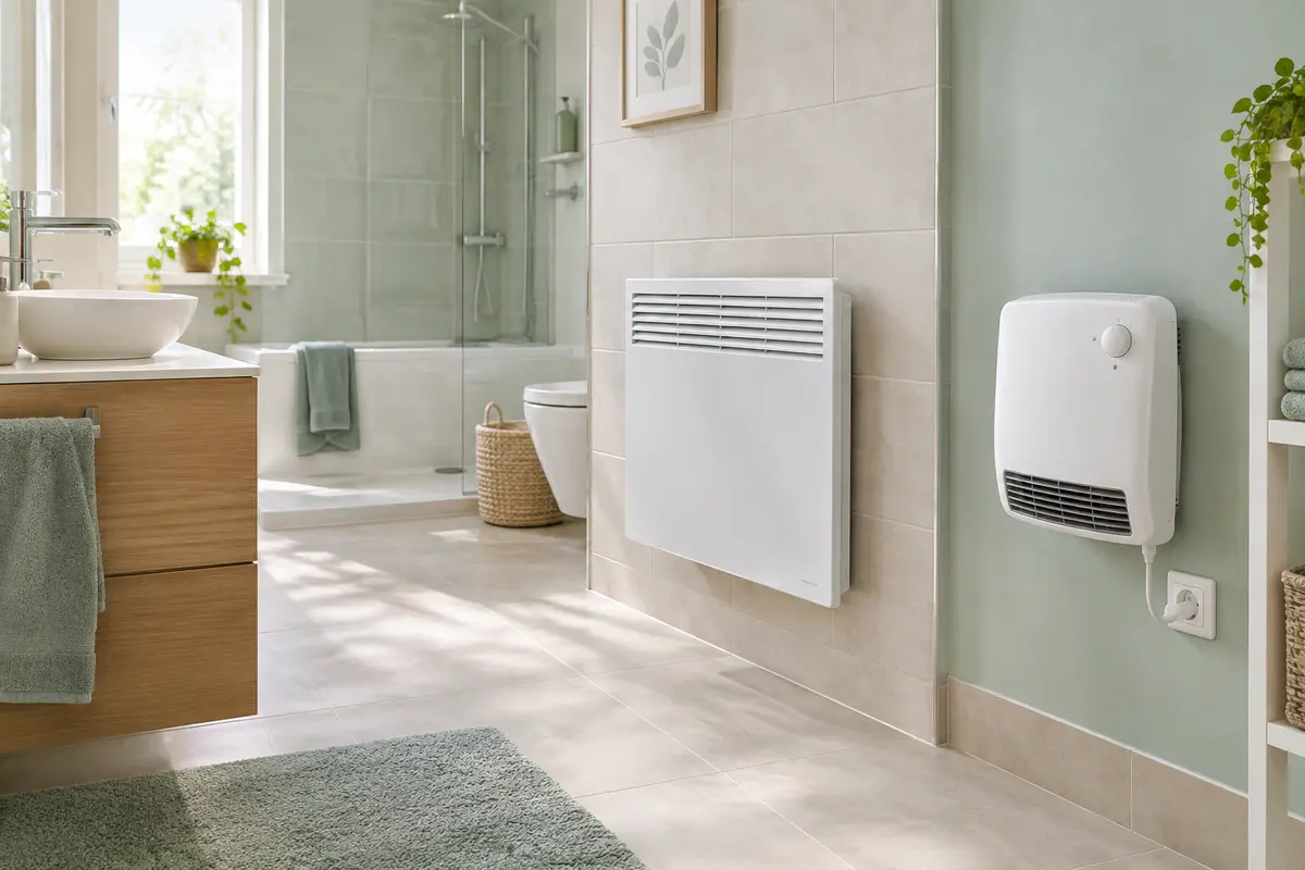 Salle de bain avec un convecteur mural blanc et un radiateur soufflant compact fixés sur des murs carrelés