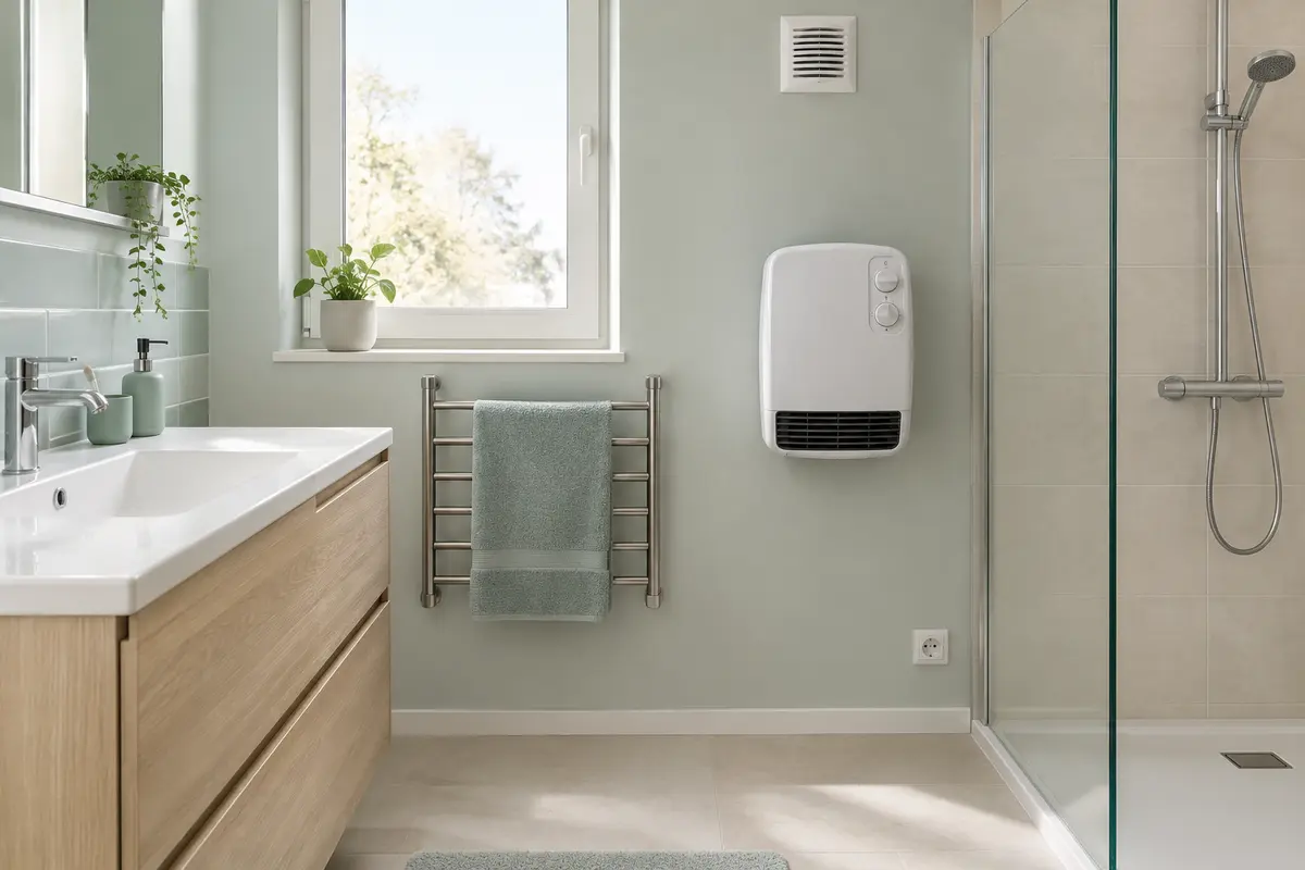 Radiateur soufflant mural installé dans une salle de bain vide, avec sa grille de ventilation visible
