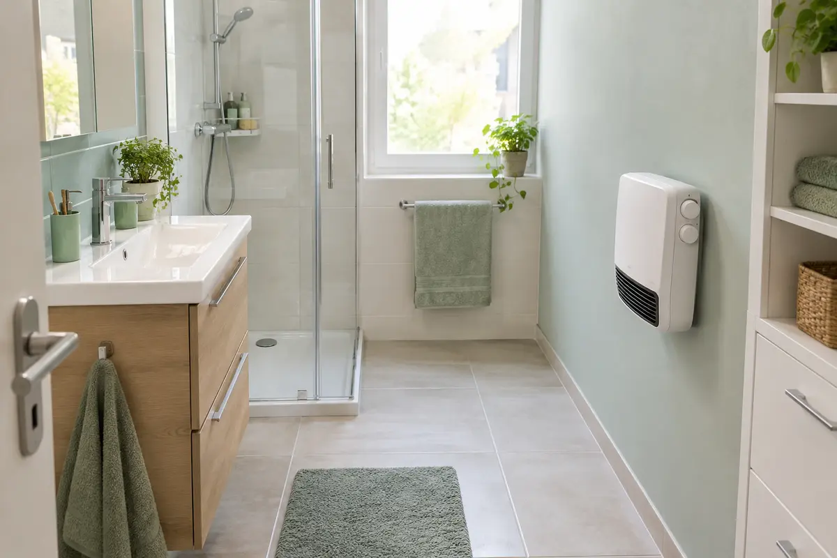 Radiateur soufflant mural compact installé sur un mur dégagé dans une petite salle de bain