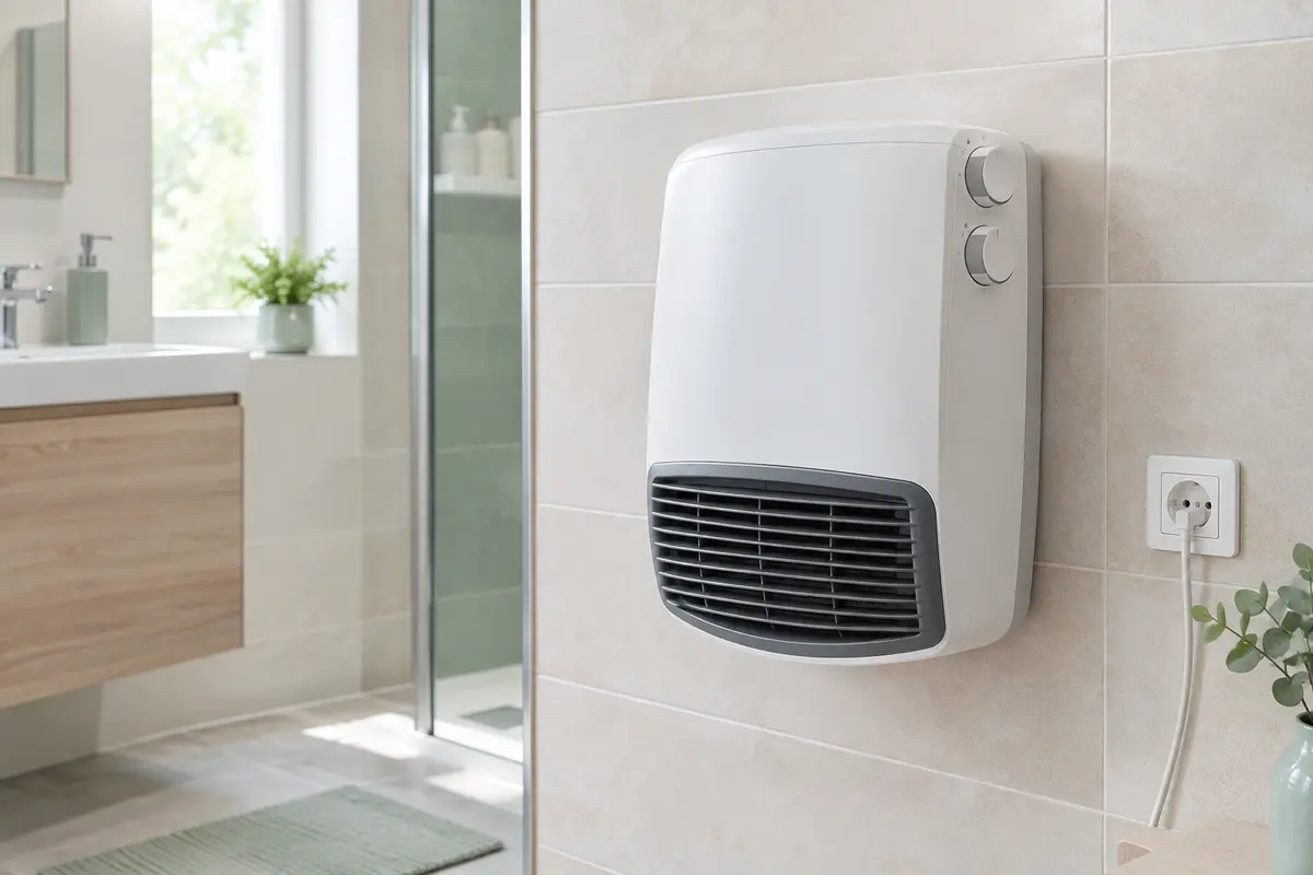 Grille extérieure d’un radiateur soufflant mural dans une salle de bain, observée sans démontage.