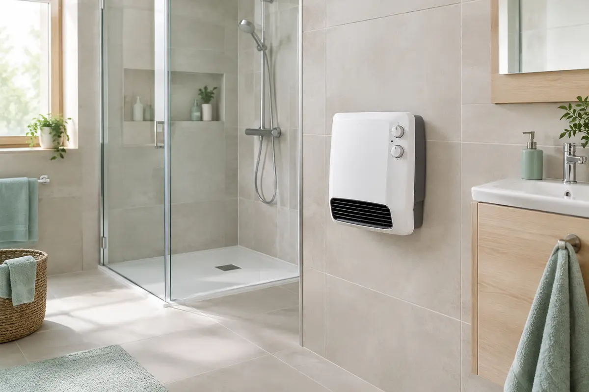 Radiateur soufflant mural installé sur un mur dégagé d’une salle de bain avec douche vitrée