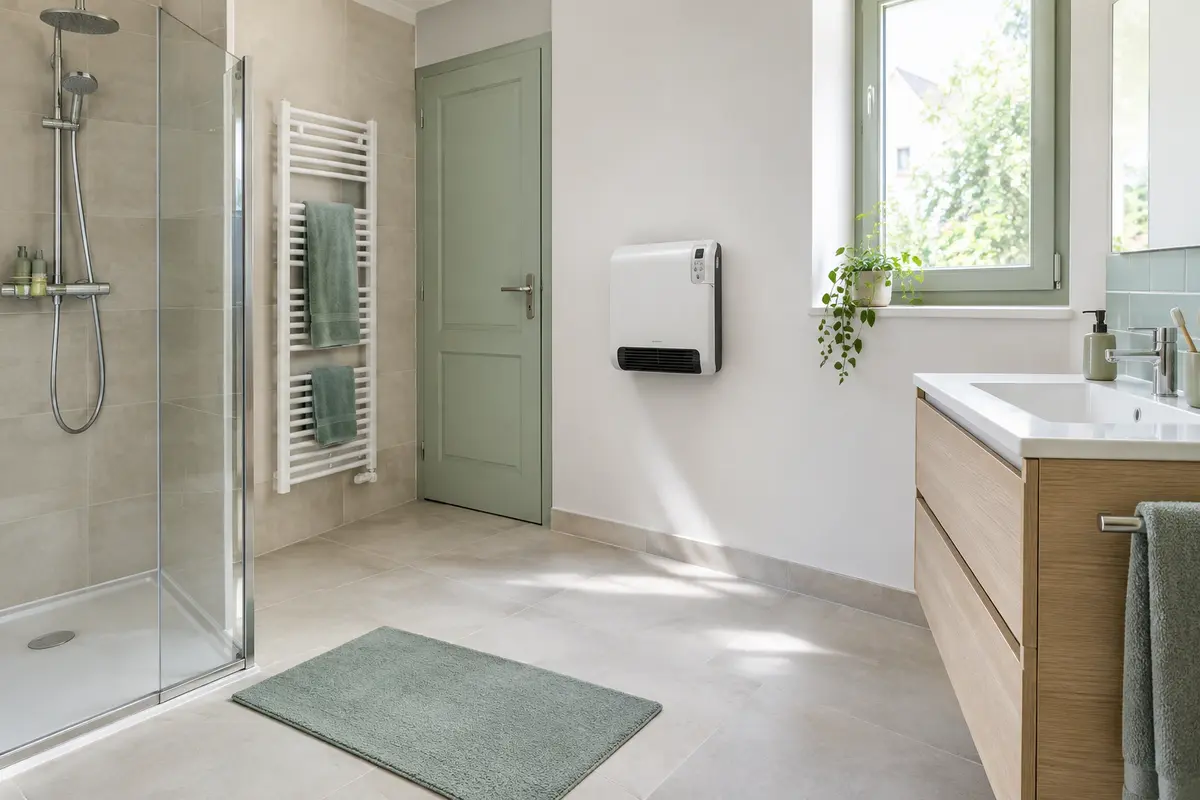 Radiateur soufflant mural posé sur un mur dégagé dans une salle de bain aménagée