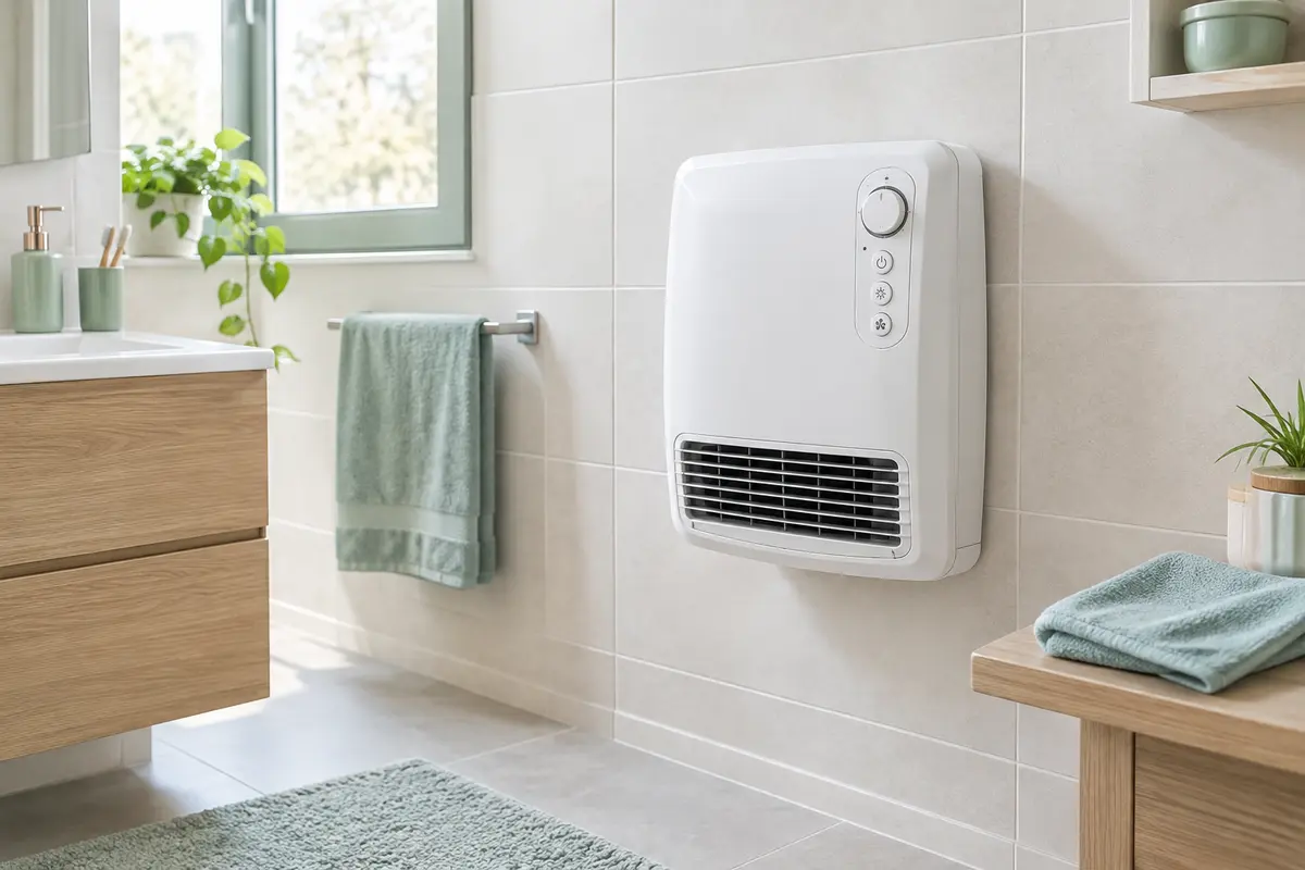 Radiateur soufflant mural éteint avec un chiffon doux et une brosse posés à proximité pour l’entretien
