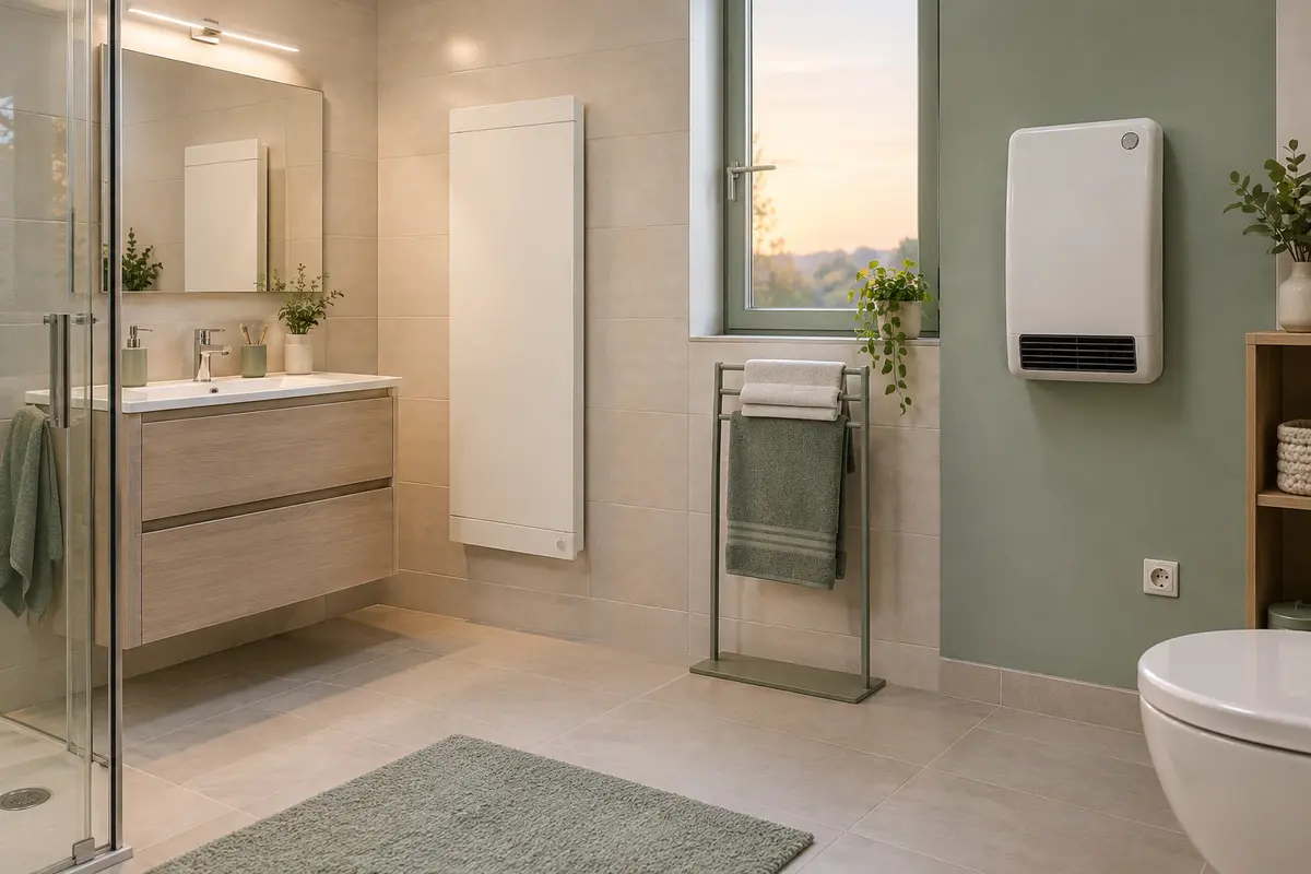 Salle de bain carrelée montrant un panneau rayonnant et un radiateur soufflant mural