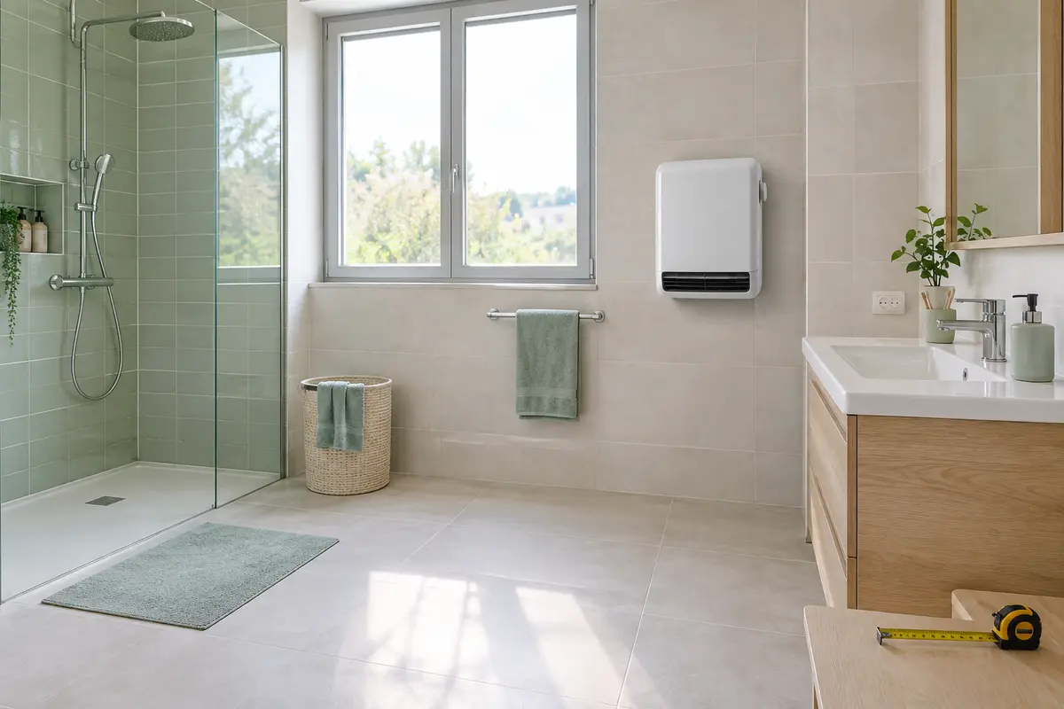 Radiateur soufflant mural dans une salle de bain carrelée avec fenêtre et serviette pliée