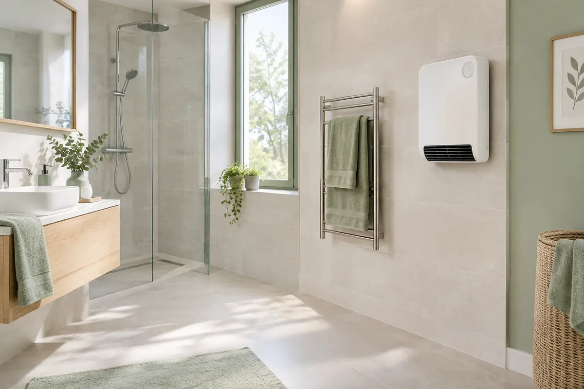 Panneau infrarouge et radiateur soufflant muraux installés dans une salle de bain