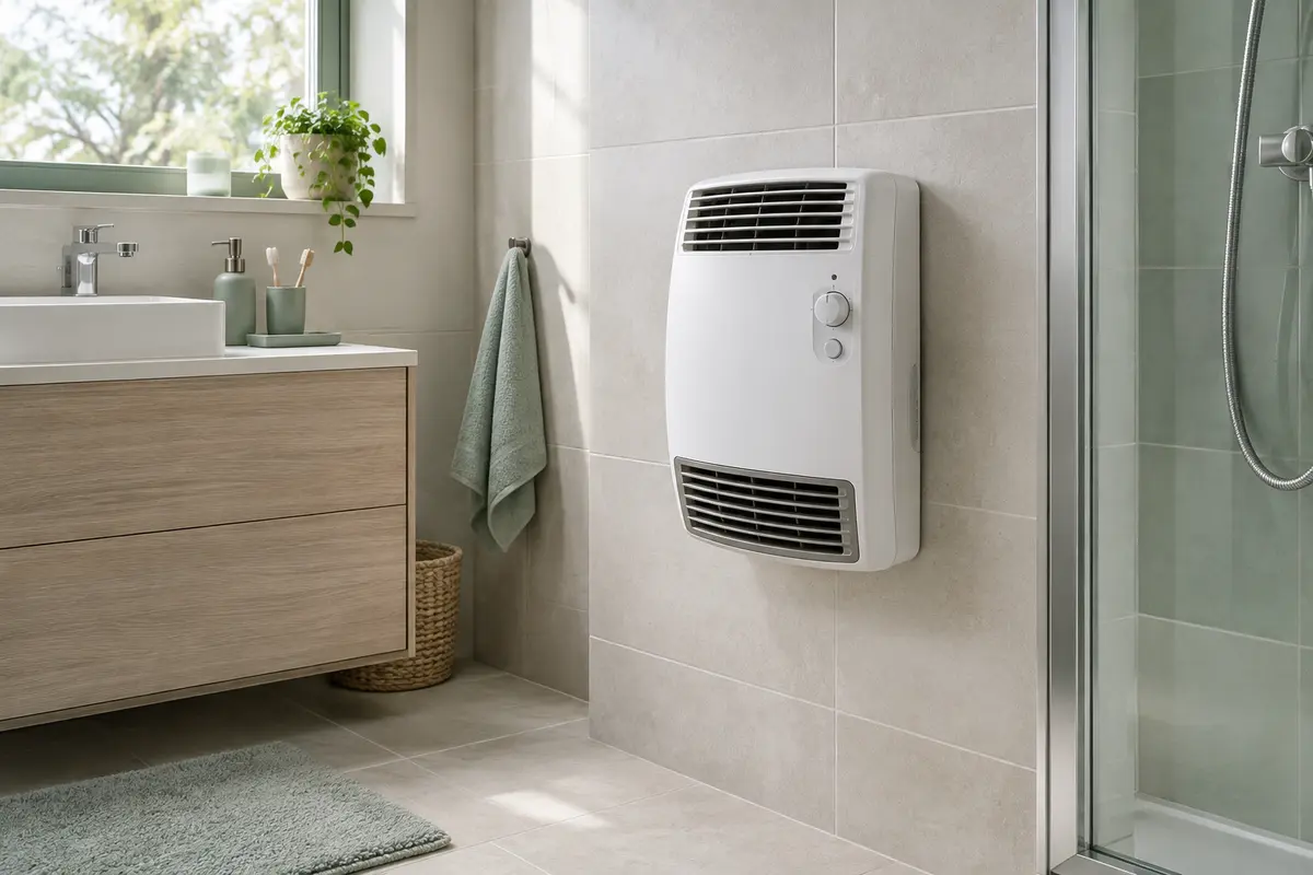 Radiateur soufflant mural dans une salle de bain, grille visible et dégagée pour un contrôle extérieur