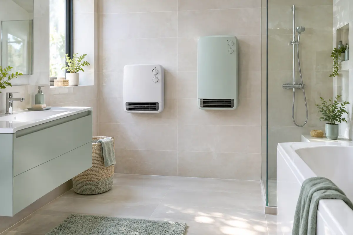 Deux radiateurs soufflants muraux comparés dans une salle de bain carrelée et lumineuse