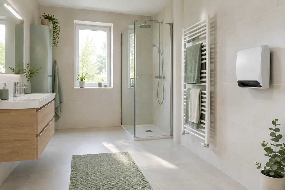 Radiateur soufflant mural installé dans une salle de bain claire avec sèche-serviettes