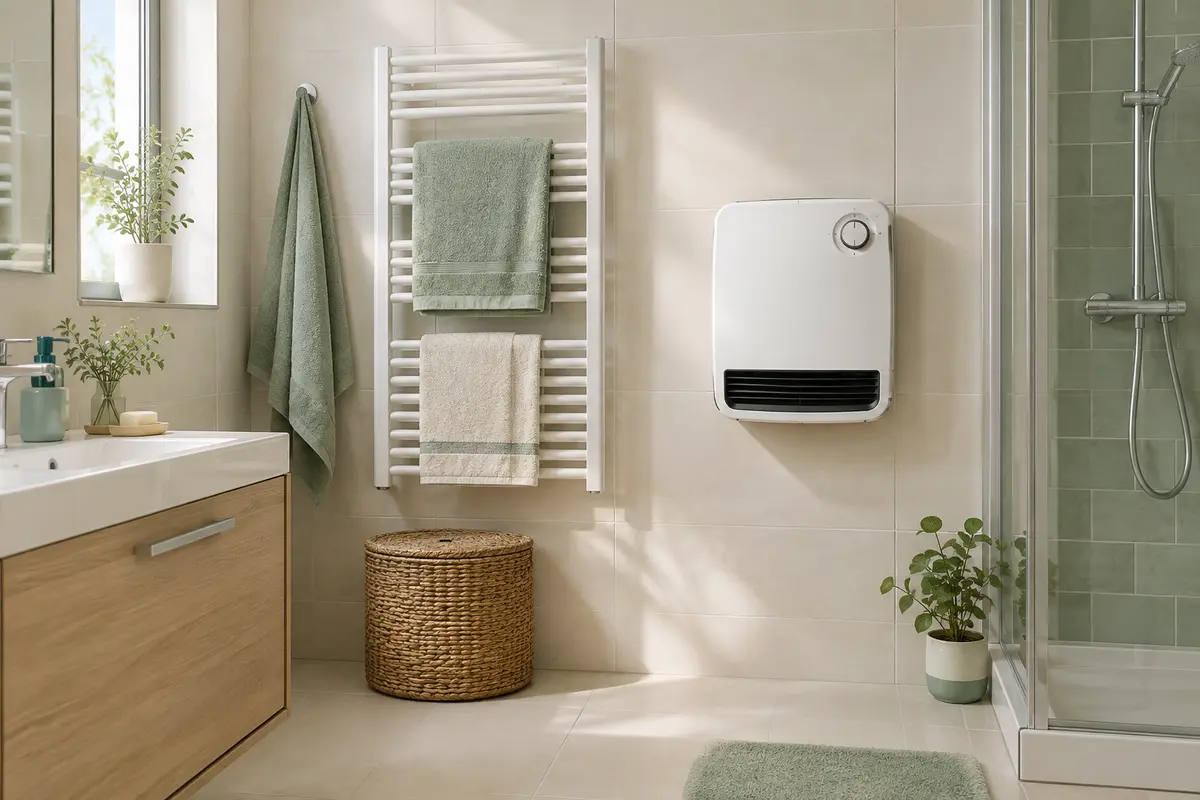 Radiateur soufflant mural installé dans une salle de bain claire avec sa commande visible