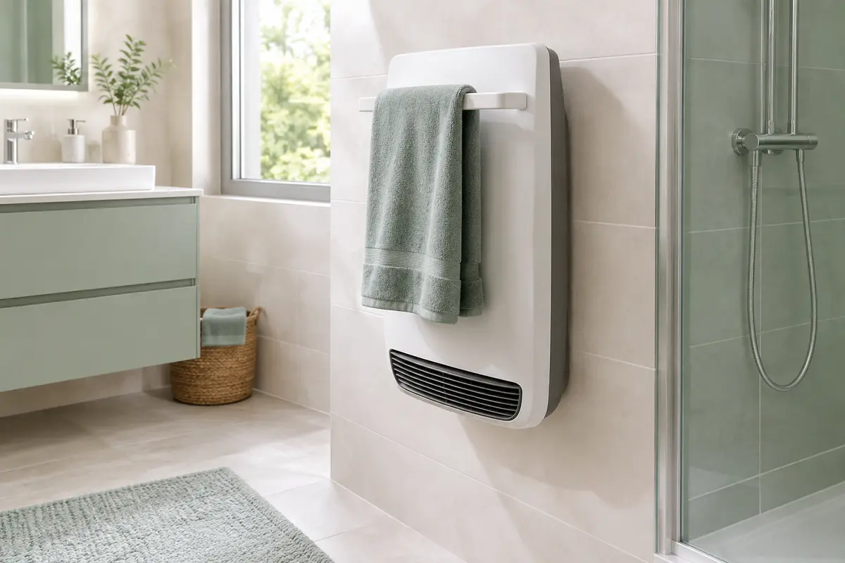 Radiateur soufflant mural avec barres porte-serviettes installé sans gêner le passage dans une salle de bain