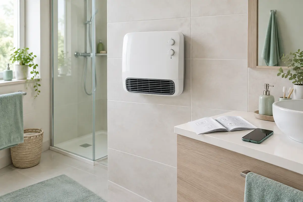 Radiateur soufflant mural éteint dans une salle de bain, avec sa notice posée à proximité.