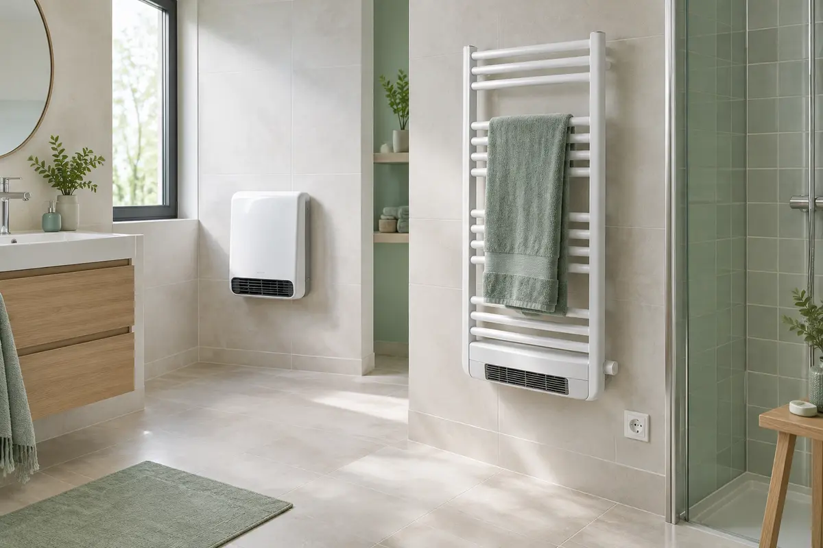 Salle de bain avec radiateur soufflant mural et sèche-serviettes, illustrant deux solutions de chauffage