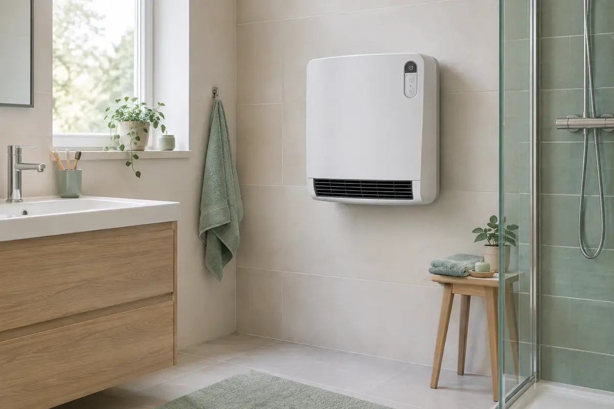 Radiateur soufflant mural avec commande visible dans une salle de bain carrelée et dégagée