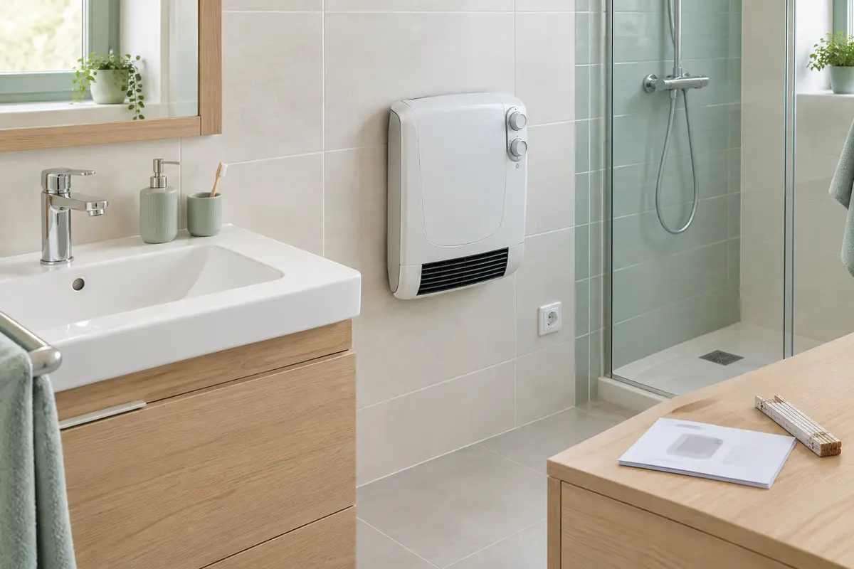 Radiateur soufflant mural dans une salle de bain, avec une notice posée à proximité avant son remplacement