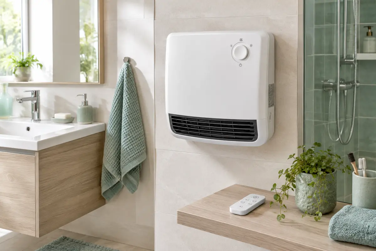 Radiateur soufflant mural dans une salle de bain avec une télécommande posée à proximité