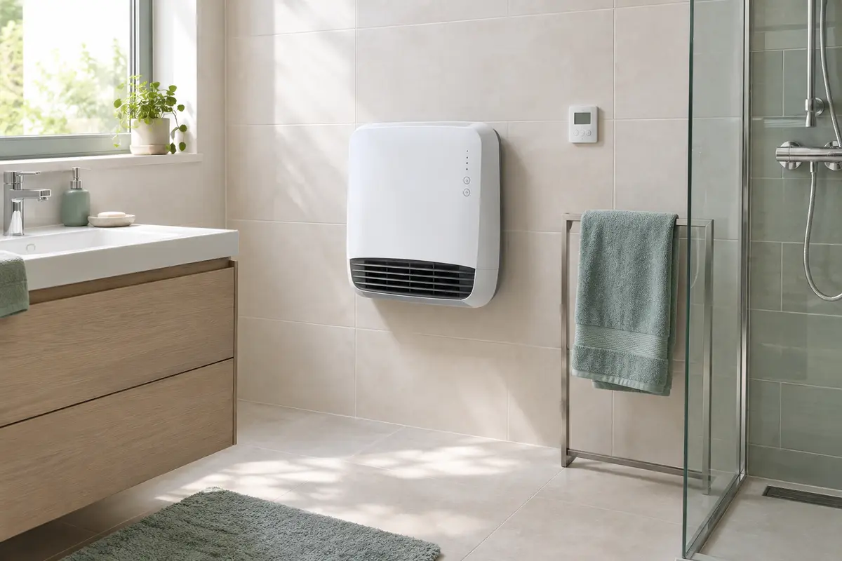 Radiateur soufflant mural installé dans une salle de bain dégagée avec une commande de chauffage accessible