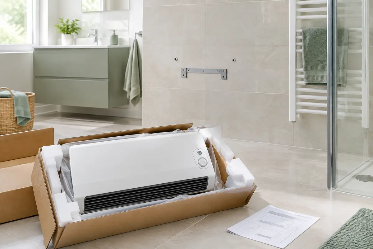 Radiateur soufflant mural et notice préparés dans une salle de bain avant la visite de l’électricien
