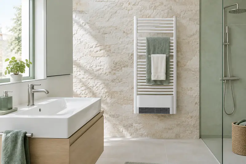 Radiateur mural dans une salle de bain contemporaine aux tons clairs et aux lignes épurées